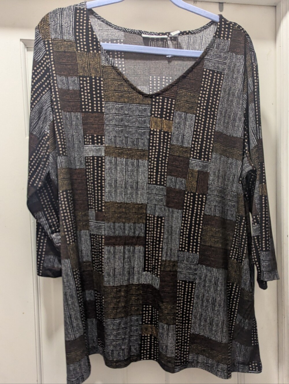 Susan Graver Geometric Patchwork V-Neck Tunic in Brown & Gray